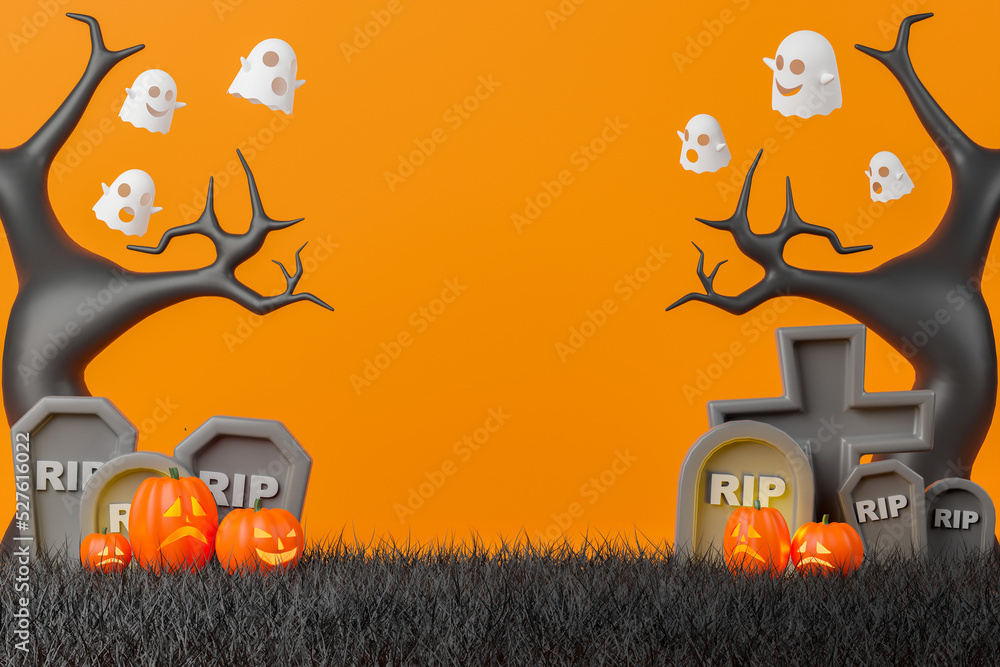 Aufkleber 3d rendering halloween day scene illustration with copy space for text or message. graveyard with ja