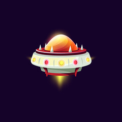 Unidentified or unknown flying object, isolated animated rocketship shuttle. Vector intergalactic mystery saucer, martian invaders spacecraft with dome. Alliance transportation spaceship, toy
