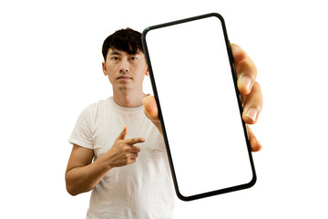 Fototapeta na wymiar Asian Man Holding Smartphone With White Empty Screen on transparent background - PNG format.