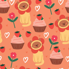 seamless pattern cartoon cat and cupcake. cute animal wallpaper for gift wrap paper