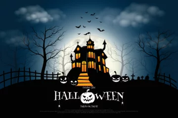 Muurstickers Castle, haunted house and ghost hands, tomb on full moon night. illustrator Vector Eps 10. © jirawatp