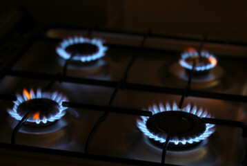 Natural Gas is burning in gas-stove in the kitchen. Concept for problems with natural gas in Europe.