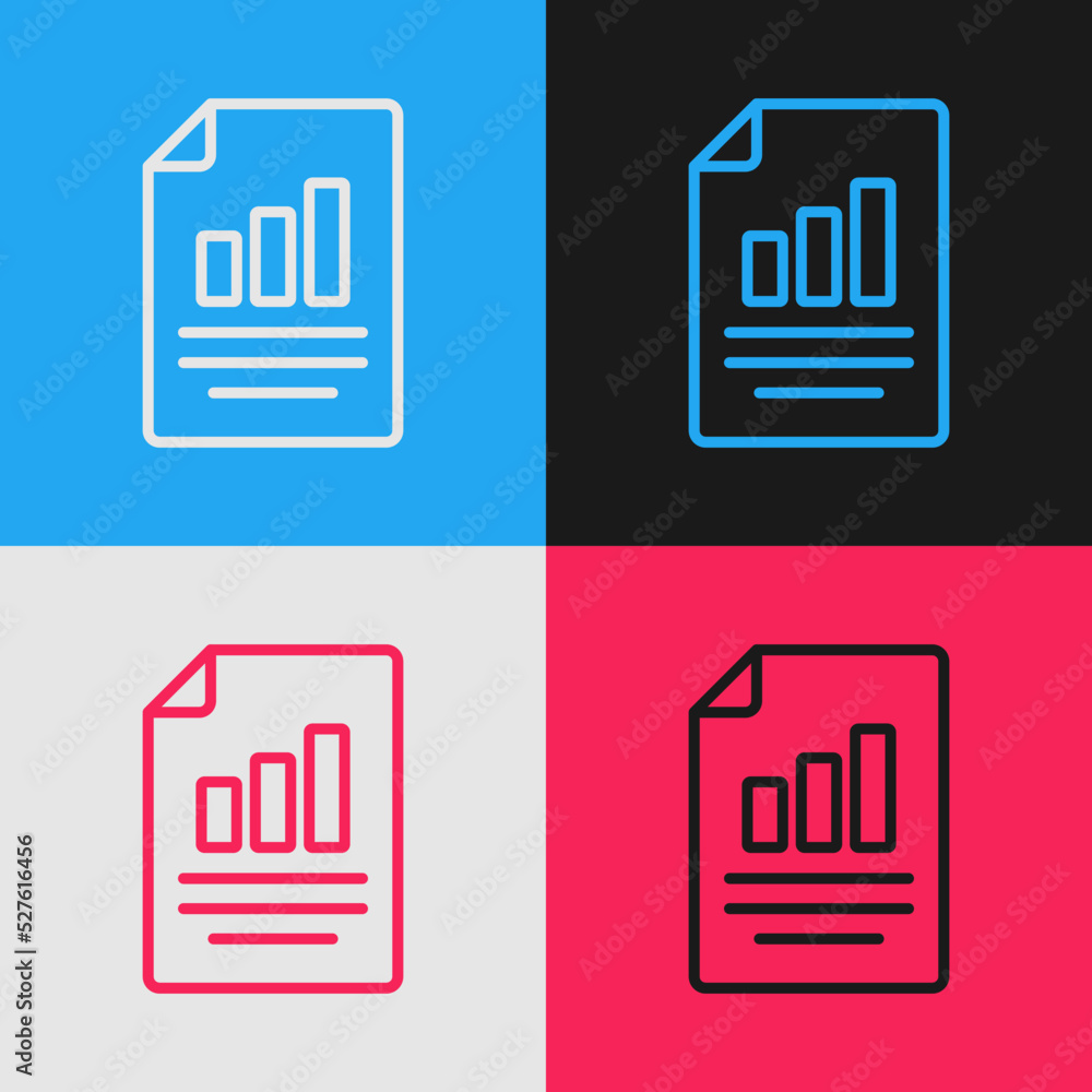Poster Pop art line Document with graph chart icon isolated on color background. Report text file icon. Accounting sign. Audit, analysis, planning. Vector