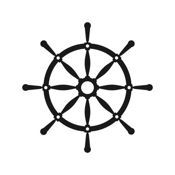 Ship steering wheel vector black icon. Ship and boat steering wheel sign. Boat wheel control icon. Rudder label. Vector flat illustration.