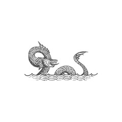 Leviathan mythical creature, sea serpent in Judaism isolated monochrome sketch. Vector selma norwegian folklore monster, legendary leviathan dragon mythical creature, water dinosaur, underwater beast © Vector Tradition