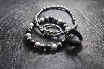 jewelry bracelet black volcanic stone black matte ring made of silver men's women's collection on a...