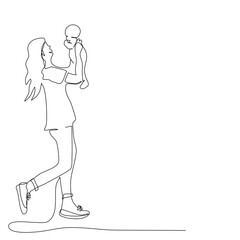 Beautiful mum hugging a first born in her arm.Side view of Young mother holding baby in her hand in single line drawing style.Vector isolate flat continue line design  of family or Happy Mother’s Day.