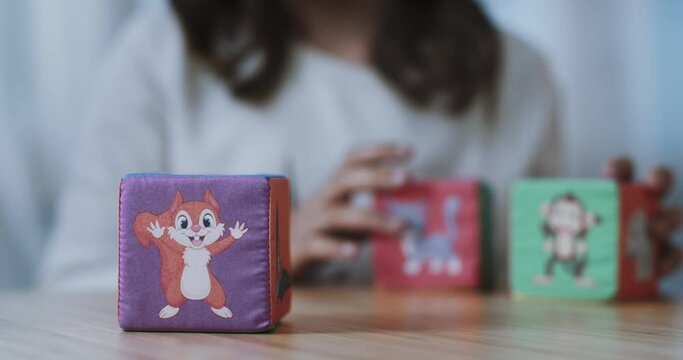 Three children's plush cubes with images of a squirrel, a cat, a mouse, a monkey and a rhinoceros. A girl holds the cubes in her hands and puts them one on top of the other. Close-up.