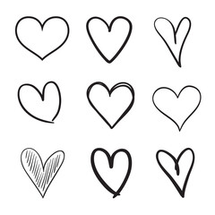 Hand drawn grunge hearts on isolated white background. Set of love signs. Unique image for design. Black and white illustration. Elements for design