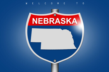 Nebraska map on highway road sign over blue background