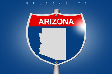 Arizona on highway road sign over blue background