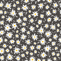 Chamomile floral mille fleur seamless pattern on black background. Small summer flowers in simple scandinavian cartoon doodle style perfect for textile, wallpaper, fabric.