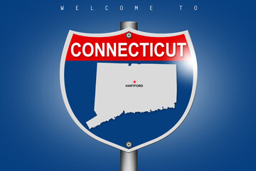 Connecticut on highway road sign over blue background