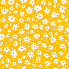 Chamomile floral mille fleur seamless pattern on yellow background. Small summer flowers in simple scandinavian cartoon doodle style perfect for textile, wallpaper, fabric.