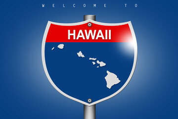 Hawaii on highway road sign over blue background