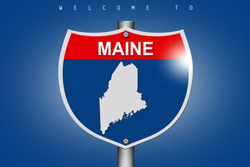 Maine on highway road sign over blue background