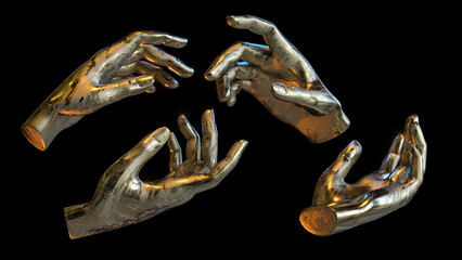 3d render of golden metallic hand pose or gesture from different angles - hand poses for product visualization or placement black background