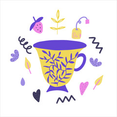Colorful tea cup with small elements around. Herbal and berry tea. Flat vector illustration. 