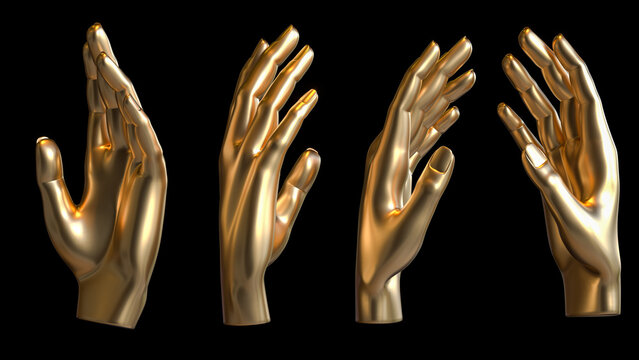 3d render of golden metallic hand pose or gesture from different angles - hand poses for product visualization or placement black background