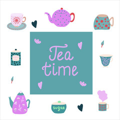 Many elements for illustration of tea appreciation. Flat vector illustration.
