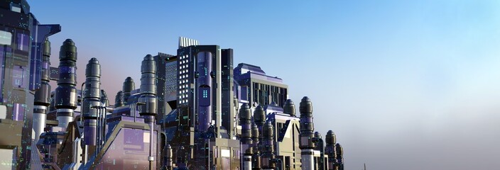 Future city or cyber cityscape. Silvery ultra modern or futuristic looking city or metropolis buildings in fair weather. 3D rendering. © killykoon