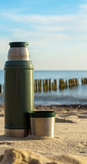 Thermos with tea on the background of nature. Drinking tea on the seashore.