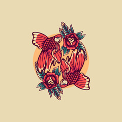 Twin Golden Fish Retro Illustration