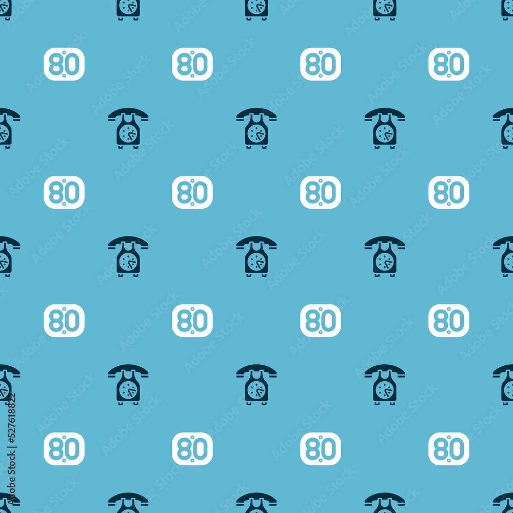 Poster set telephone handset and 80s retro on seamless pattern. vector