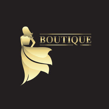 Logo for Atelier, women's clothing store. Vector template of the brand for the fashion designer. Element for Studio sewing and tailoring. woman silhoette on black backround