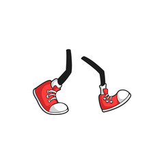 Legs bent in knee running jogging comic red sport shoes on white rubber sole with laces isolated. Vector funny cartoon legs of athletic character, funny kids footwear. Color trainers, urban style feet