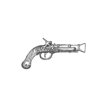 Flintlock pistol, pirate gun firelock musket isolated monochrome icon. Vector medieval gunpowder revolver sketch, retro marine armoury, steampunk pistol, old-fashioned gun fired by spark from flint