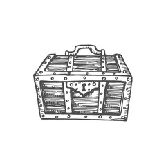 Pirates chest trunk isolated royal treasures monochrome sketch icon. Vector magic mystery jewelry, gui game design element, old case. Container wood crate symbol of wealth, antique vintage trunk