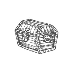 Antique chest with treasures isolated retro mystery case monochrome sketch icon. Vector closed coffer with padlock, old furniture object mystery asset with jewelry, ui game design element wooden crate