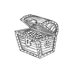Open pirates chest trunk isolated treasures sketch icon. Vector casket with royal jewelry, medieval trophy case. Wooden crate symbol of wealth, antique open trunk with golden coins antique money
