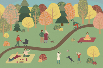 People in park in autumn. Happy men and women walking with dog, having picnic, kids playing with a ball, doing yoga outdoor, nature romantic dates, riding bicycle. Vector colorful cartoon concept.