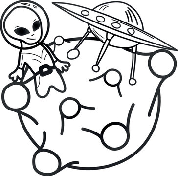 a cute alien landed on a flying saucer on a miniature planet. Vector image is good for printing on anything