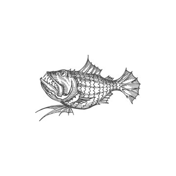 Blobfish hatchet fish isolated giant oarfish monochrome sketch icon. Vector barreleye sloane viperfish, deep sea ocean marine animal with sharp teeth. Wildlife fangtooth anoplogaster monkfish