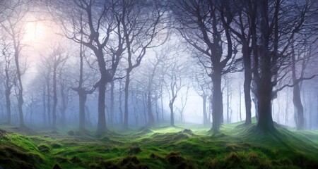 Magic fairy forest in a mysterious haze. Harsh and beautiful Irish landscape. Natural wallpaper. Impressive scene.