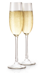 Duas taças de cristal com champanhe borbulhante e gelado em fundo branco - Champagne para brindar