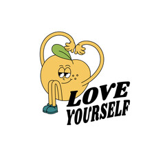 Vector illustration character- peach with happy face ìn retro style and typography quote. Groovy sticker with plant for print.