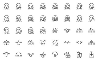 set of skin care line icons, facial, healthcare, beauty