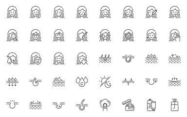 set of skin care line icons, facial, healthcare, beauty