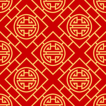 Classic oriental ornament on asian culture motif, abstract symmetry tile in red and golden colors. Vector repeating texture abstract elements, japanese, korean or chinese golden coins, asian style