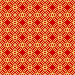 Traditional asian seamless pattern korean, chinese and japanese ornament with golden circles on red textile. Vector oriental wallpaper damask arabesque. Moroccan or islam tile, baroque background