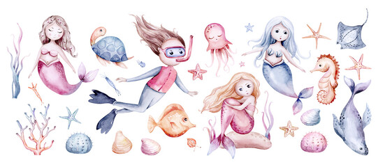Set of sea animals. Blue watercolor ocean fish, turtle, whale and coral. Shell aquarium mermaid submarine. Nautical dolphin marine illustration, jellyfish, starfish