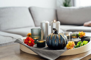 Autumn cozy mood composition for hygge home decor. Gray pumpkin with sequins, candles and fresh dahlia flowers on the tray with gray napkin on the coffee table in the living room. Selective focus.