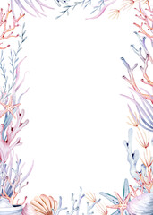 Underwater baby shower templates. Blue watercolor submarine ocean fish, turtle, whale and coral. Shell aquarium background. Nautical snorkeling, diving dolphin marine illustration, jellyfish, starfish