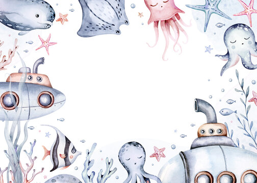 Underwater baby shower templates. Blue watercolor submarine ocean fish, turtle, whale and coral. Shell aquarium background. Nautical snorkeling, diving dolphin marine illustration, jellyfish, starfish