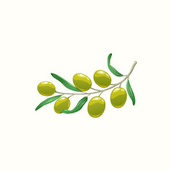 Cartoon wig with ripe olive oils and leaves isolated icon. Vector healthy omega food, italian and greek cuisine agriculture plant. Olive botanical organic ripe fruit, extra virgin oil ingredient