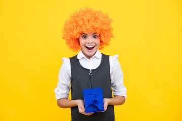 Funny child clown in wig and gift. Child with gift present box on isolated studio background....